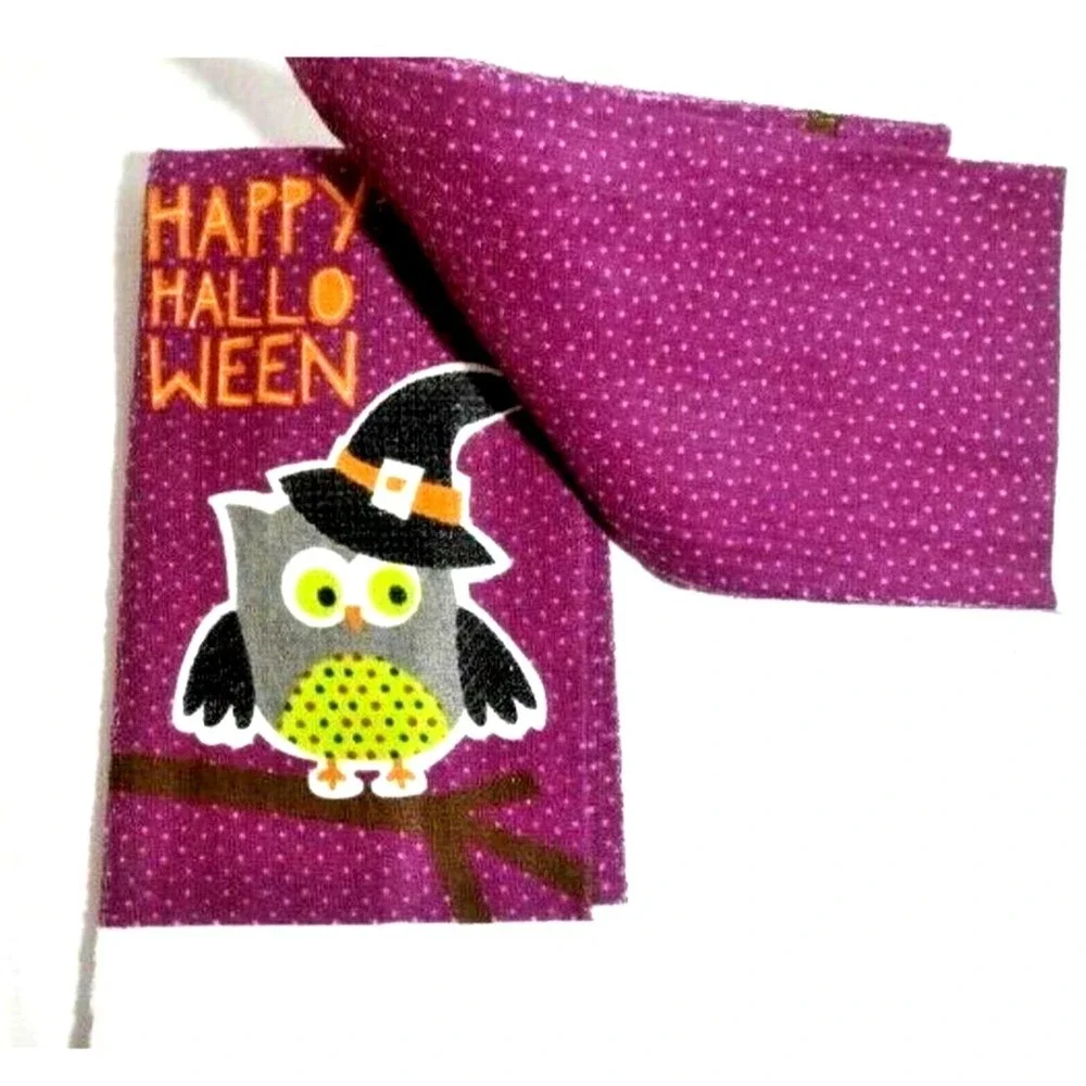 Happy Halloween Owl on Branch Kitchen Towels 2-pc Black Hat Purple Gray Bird